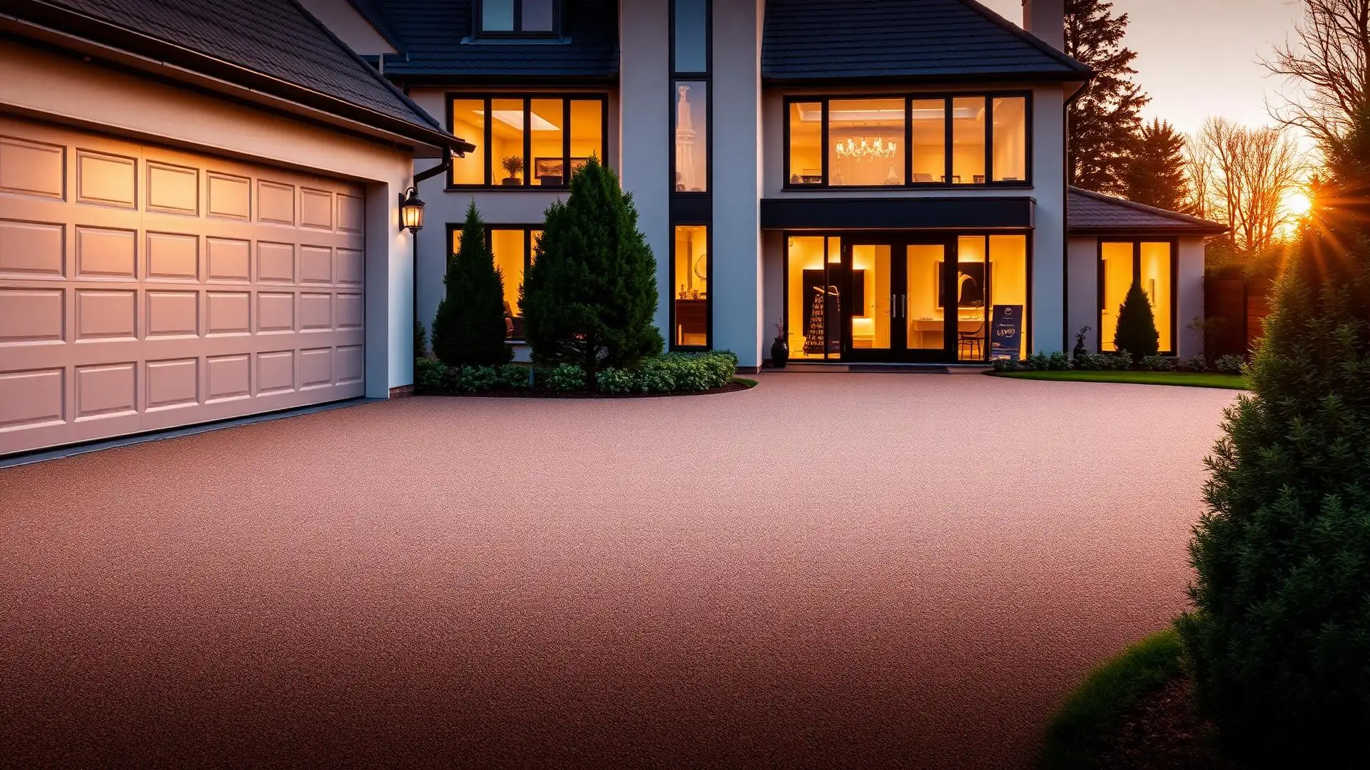 Premium resin bound driveway at a luxury UK home at dusk